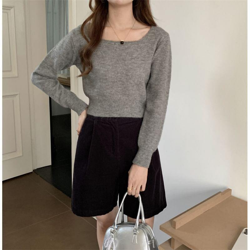 Long-Sleeve Square Neck Plain Crop Knit Top Product Image