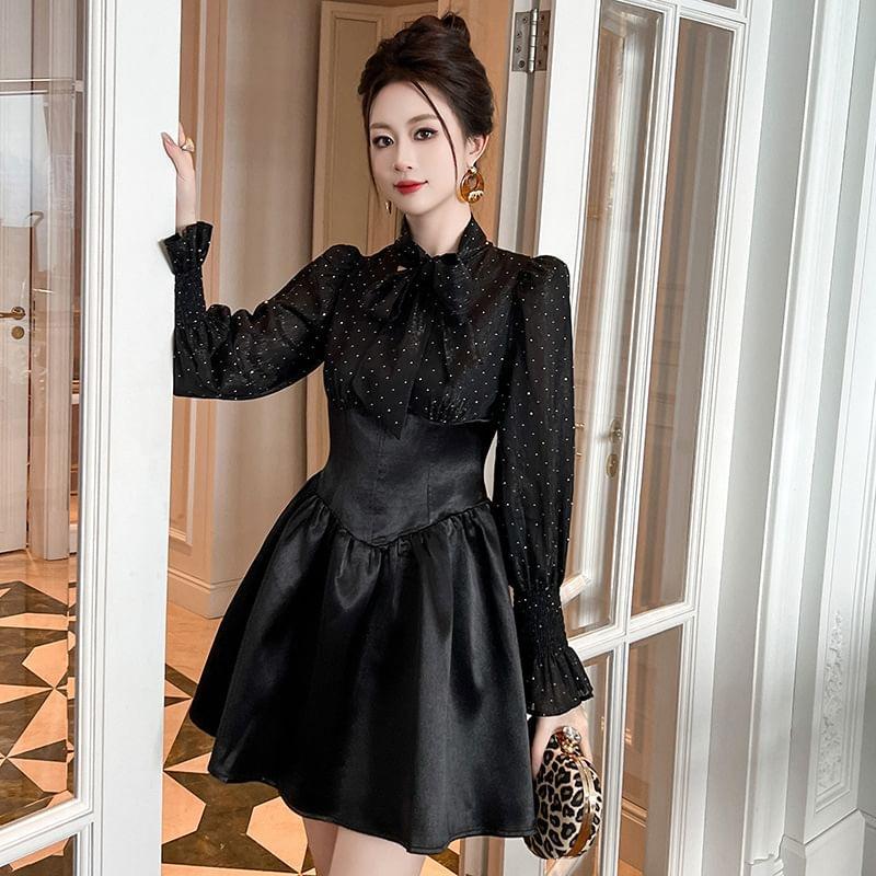 Mock Two-Piece Long-Sleeve Tie-Neck Dotted Panel Mini A-Line Corset Dress Product Image