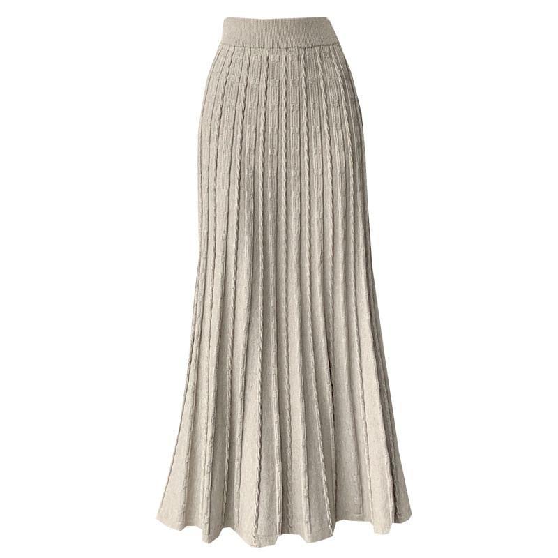 High Waist Plain Cable Knit Maxi Fishtail Skirt Product Image