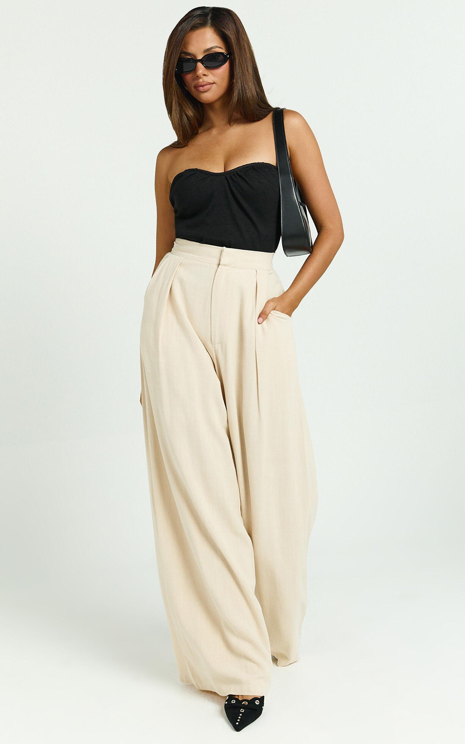 Hermione Pants - High Waist Wide Leg Pleated Palazzo Pants in Natural Product Image