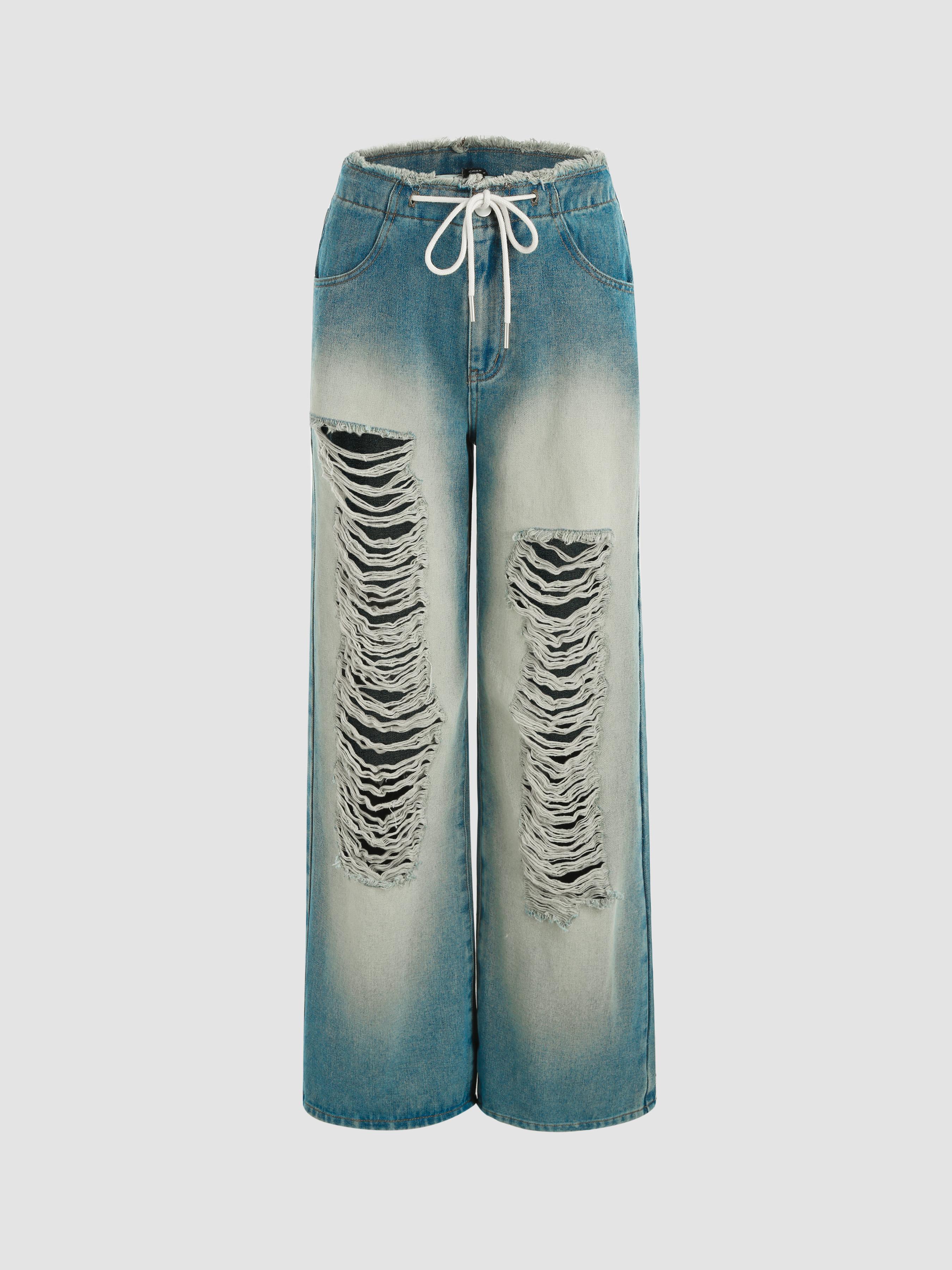 Solid Mid Waist Washed Ripped Straight Leg Jeans product image