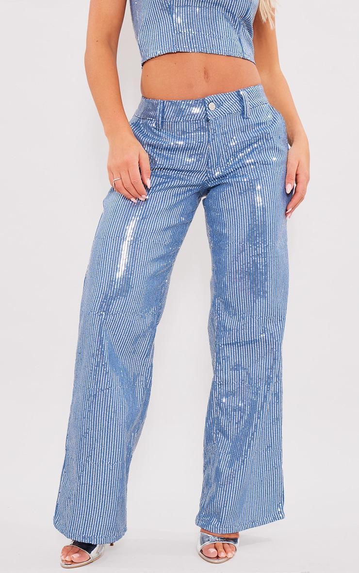 Light Blue Wash Sequin Wide Leg Jean Product Image