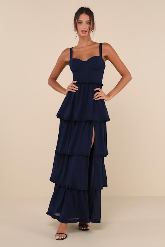 Sophisticated Occasion Navy Blue Bustier Lace-Up Maxi Dress product image