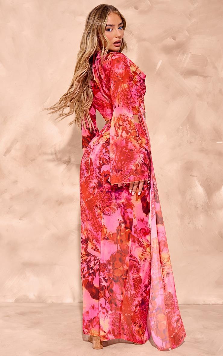 Pink Floral Print Chiffon 3 Piece Beach Set Product Image