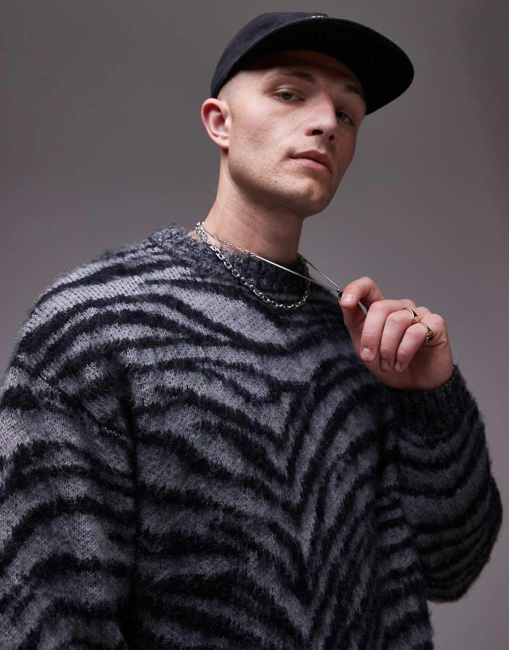 Topman relaxed fit crew neck sweater in black & white animal print Product Image