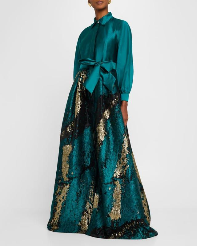 A-Line Taffeta & Metallic Jacquard Shirt Gown Product Image