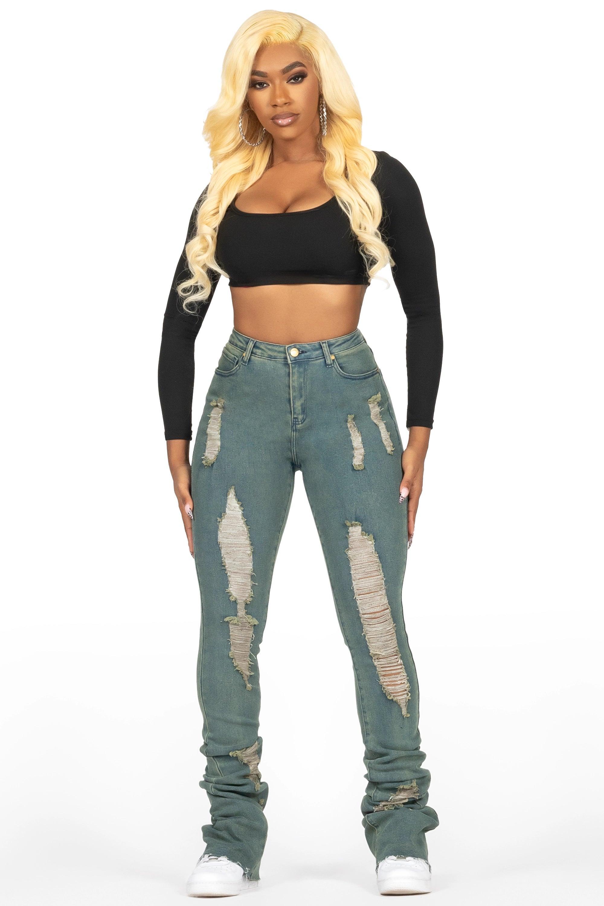 Got A Crush Tinted Dark Wash Distressed Super Stacked Jean Female Product Image