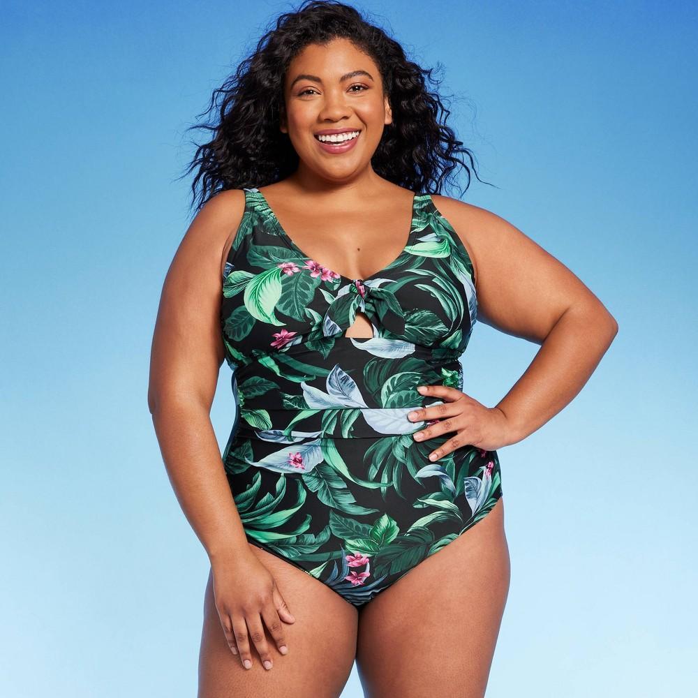 Womens Tropical Print Full Coverage Tummy Control Tie-Front One Piece Swimsuit - Kona Sol Multi Product Image