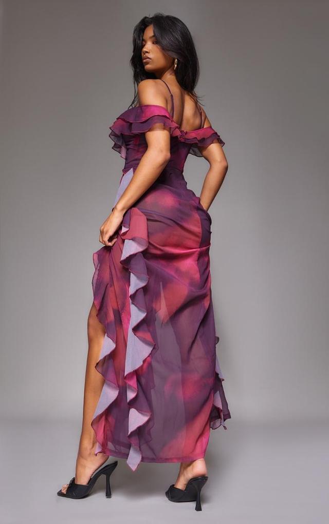 Purple Abstract Cold Shoulder Ruffle Detail Maxi Dress Product Image