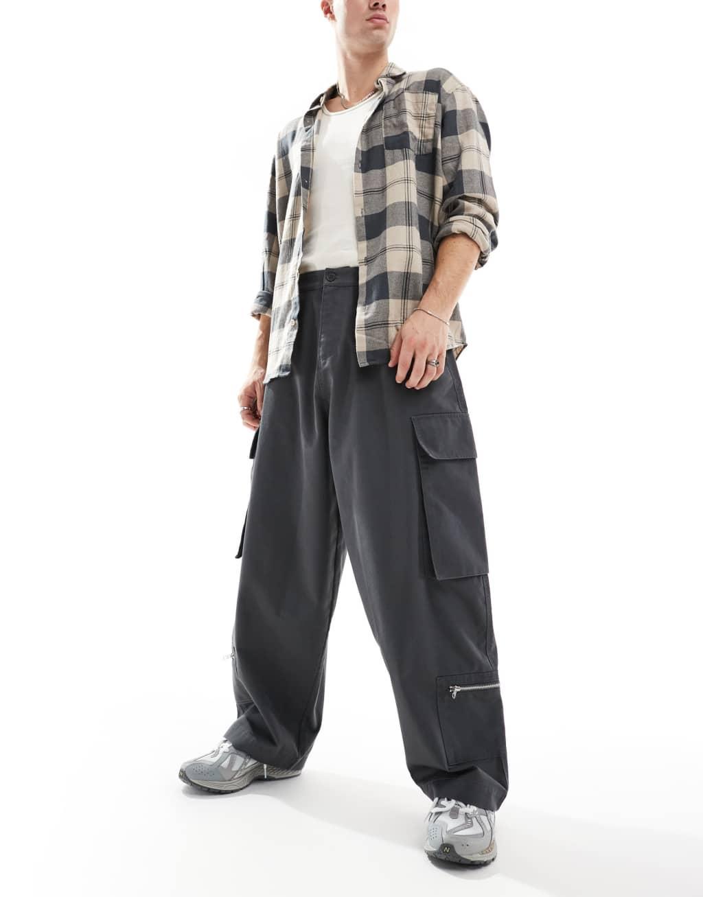 ASOS DESIGN baggy balloon cargo pants with zip details in charcoal  Product Image