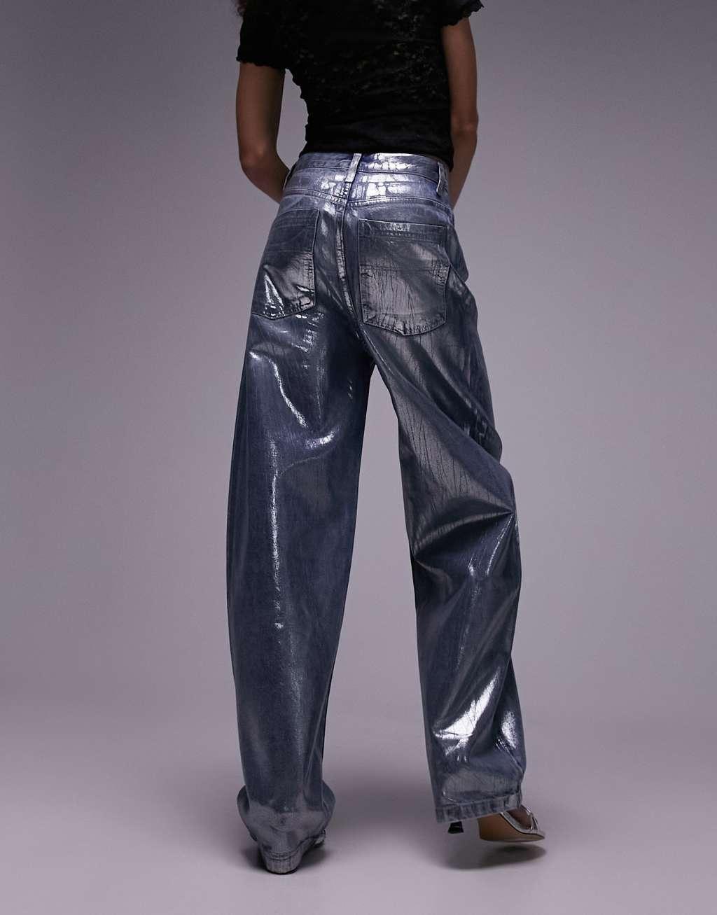 Topshop silver foil high rise baggy jeans in mid blue Product Image