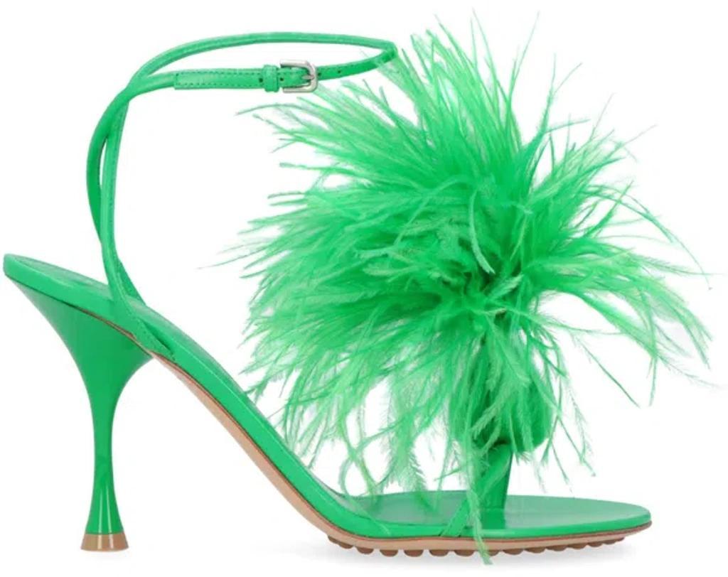 BOTTEGA VENETA Elegant Green Leather Sandals With Ostrich Feather Detail And Adjustable Ankle Strap For Women Product Image