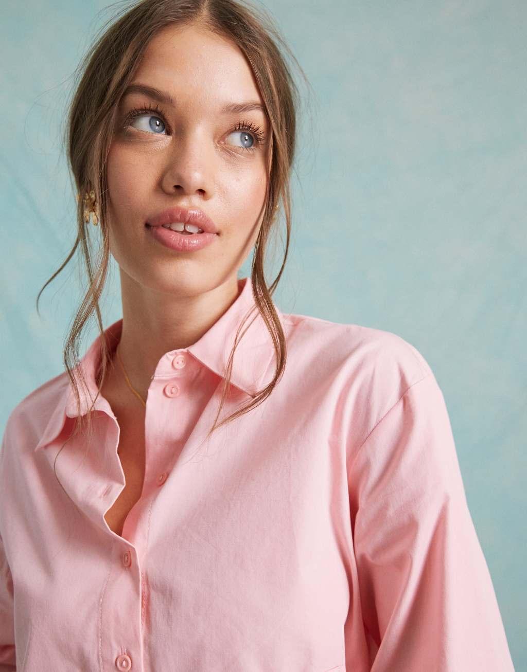 Miss Selfridge poplin cropped dropped pocket shirt in pink - part of a set Product Image