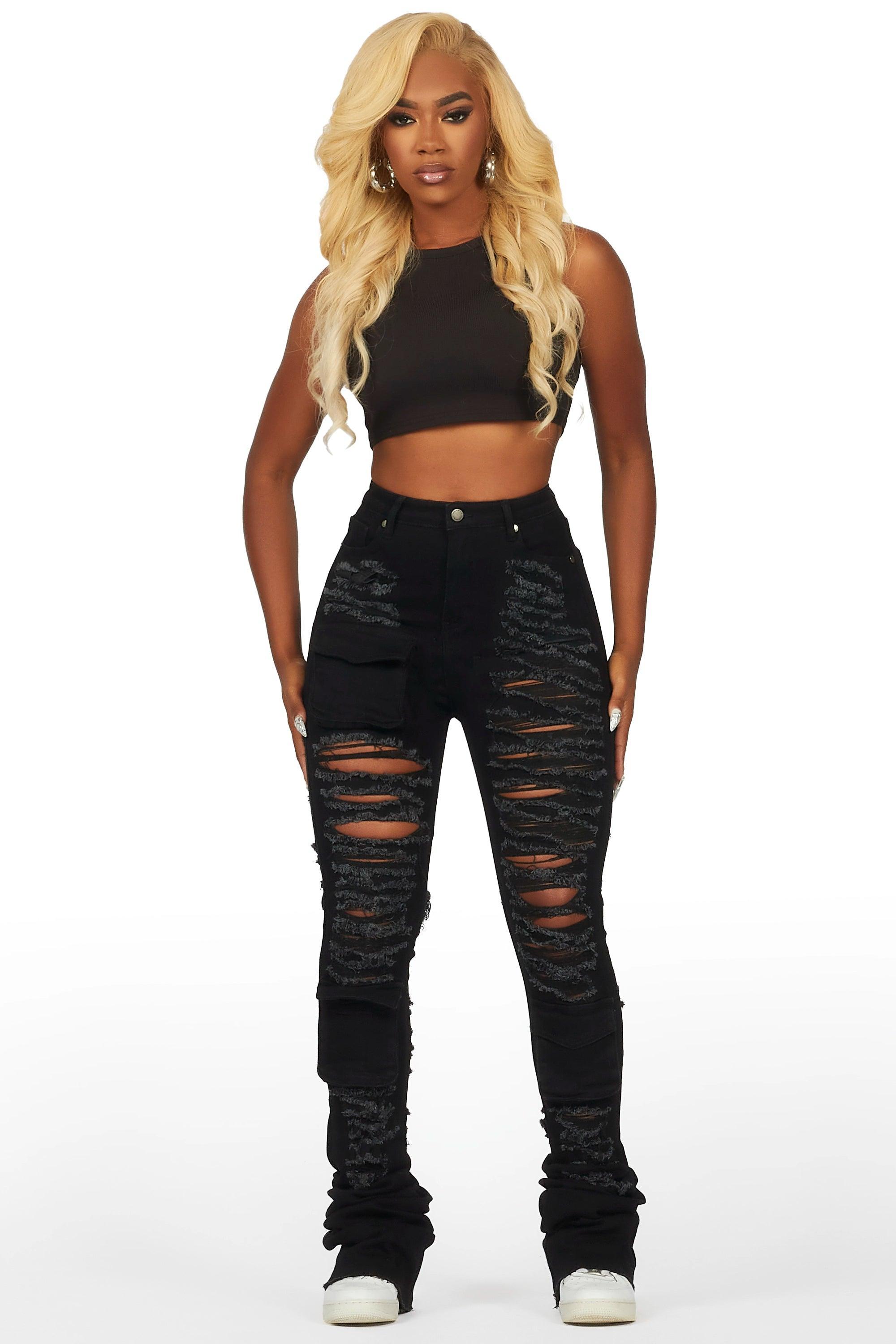 Capria Black Ultra Distressed Super Stacked Jean Female Product Image