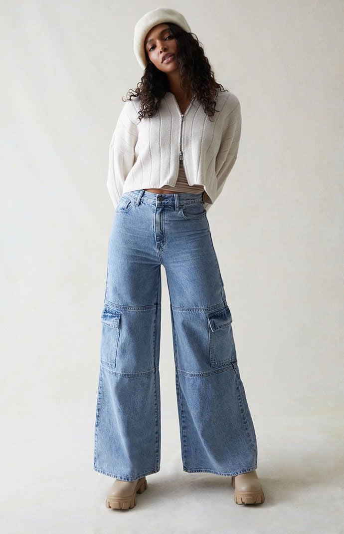 Women's Light Indigo Extreme Wide Leg Cargo Jeans Product Image