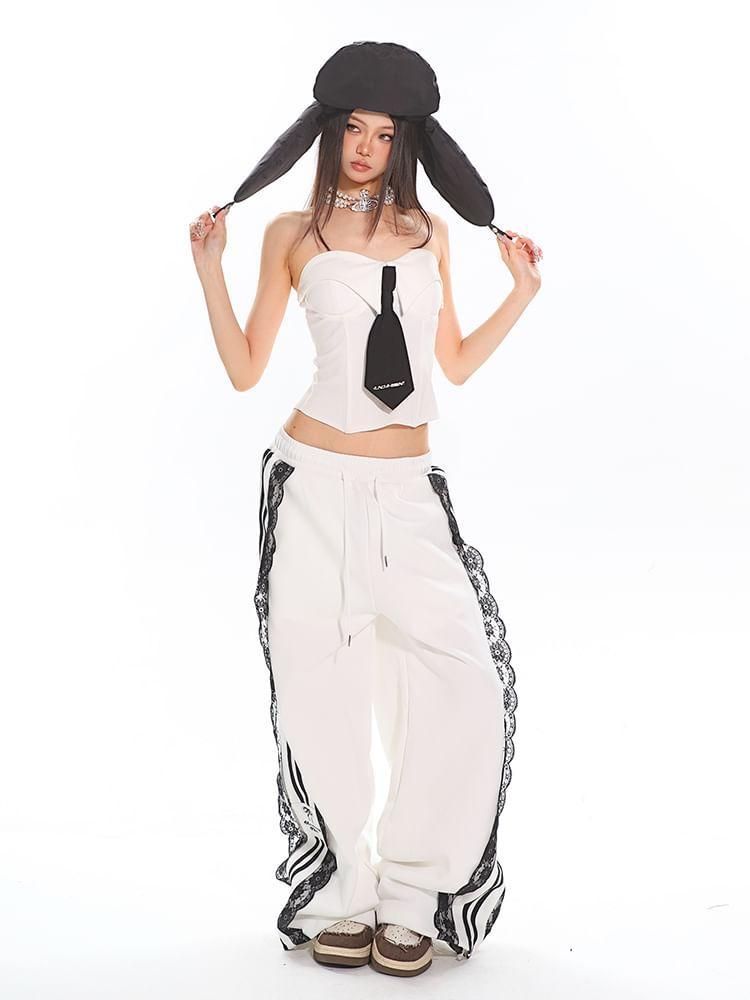 Drawstring Waist Striped Panel Lace Wide Leg Sweatpants Product Image