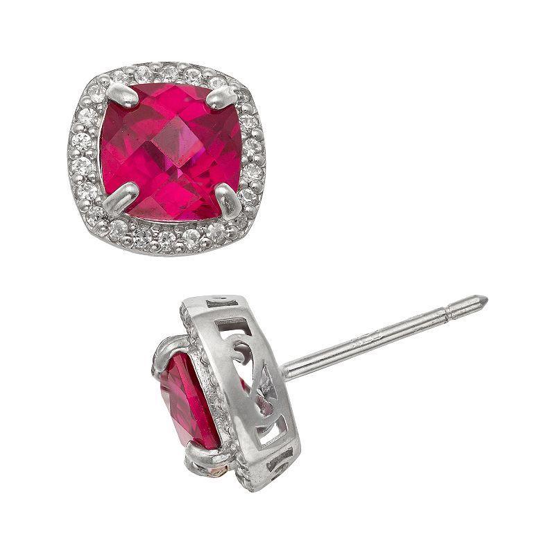 Sterling Silver Lab-Created Ruby and Lab-Created White Sapphire Halo Stud Earrings, Womens, Red Product Image