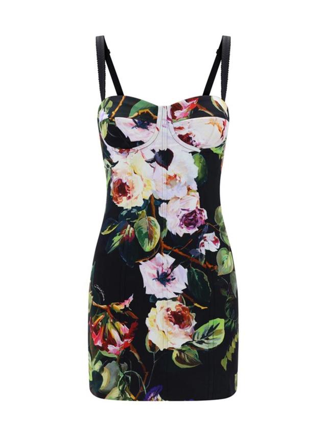 Mini Multicolor Bustier Dress With Rose Garden Print In Viscose Product Image