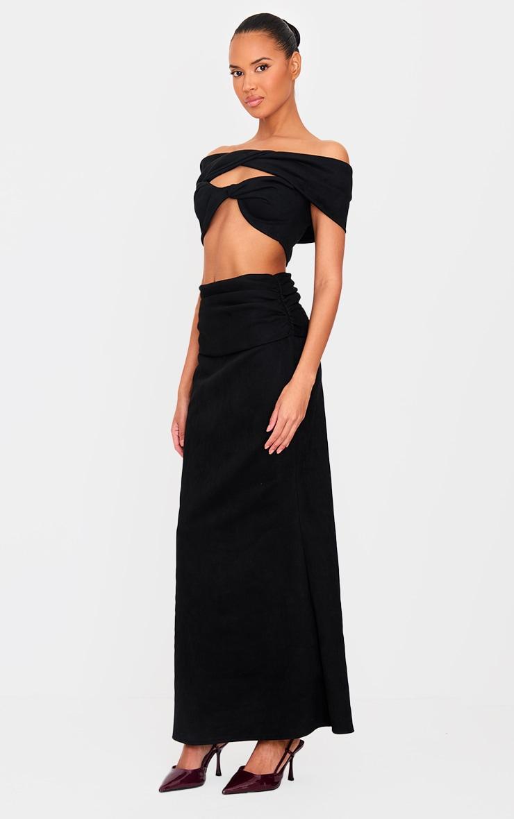 Black Faux Suede Ruched Twist Off The Shoulder Crop Top Product Image