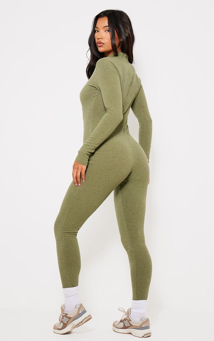 Khaki Ribbed High Neck Zip Long Sleeve Jumpsuit Product Image