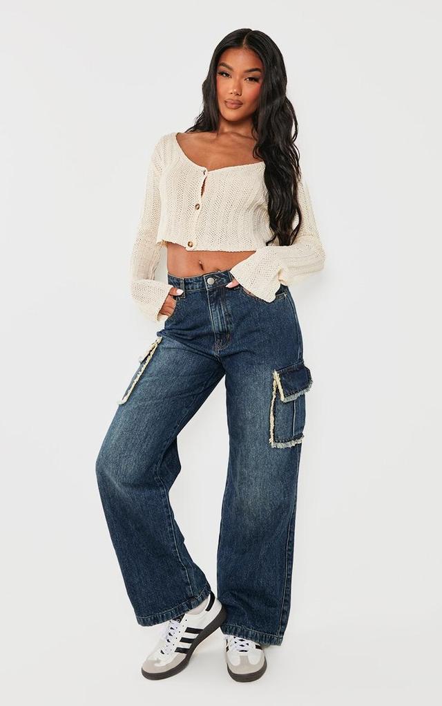 Dark Blue Wash Frayed Seam Cargo Pocket Boyfriend Jeans Product Image