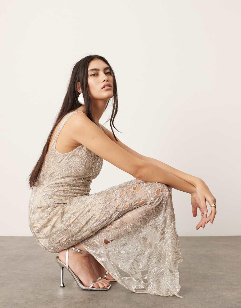 ASOS EDITION nouveau floral embellished low back maxi dress with cut work embroidery in silver Product Image