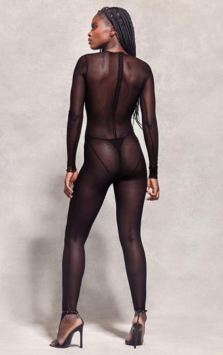 Black Mesh Seam Detail Toe Thong Jumpsuit Product Image