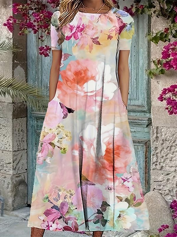 A-Line Loose Flower Print Pockets Round-Neck Midi Dresses Product Image