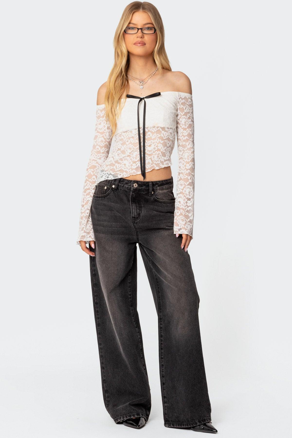 Asymmetric Sheer Lace Off Shoulder Top Product Image