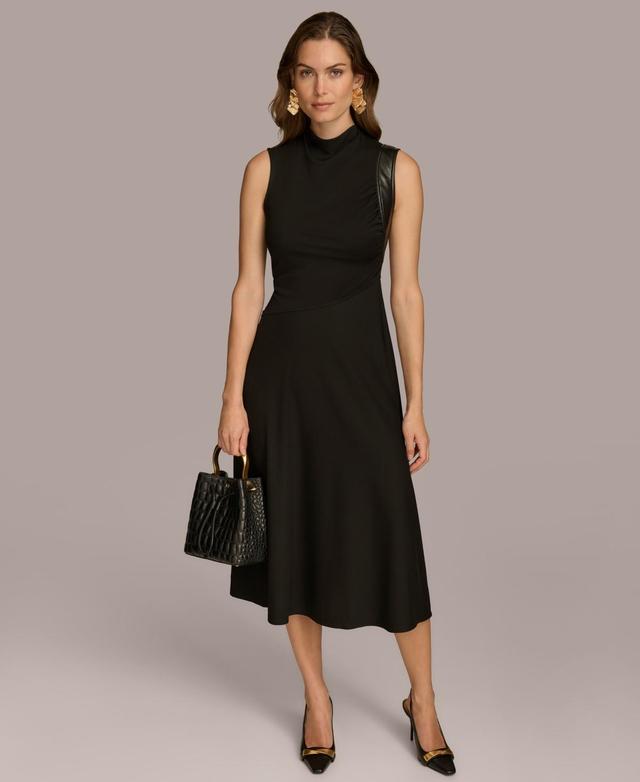 Donna Karan New York Womens Mock-Neck Faux-Leather-Trim Dress Product Image