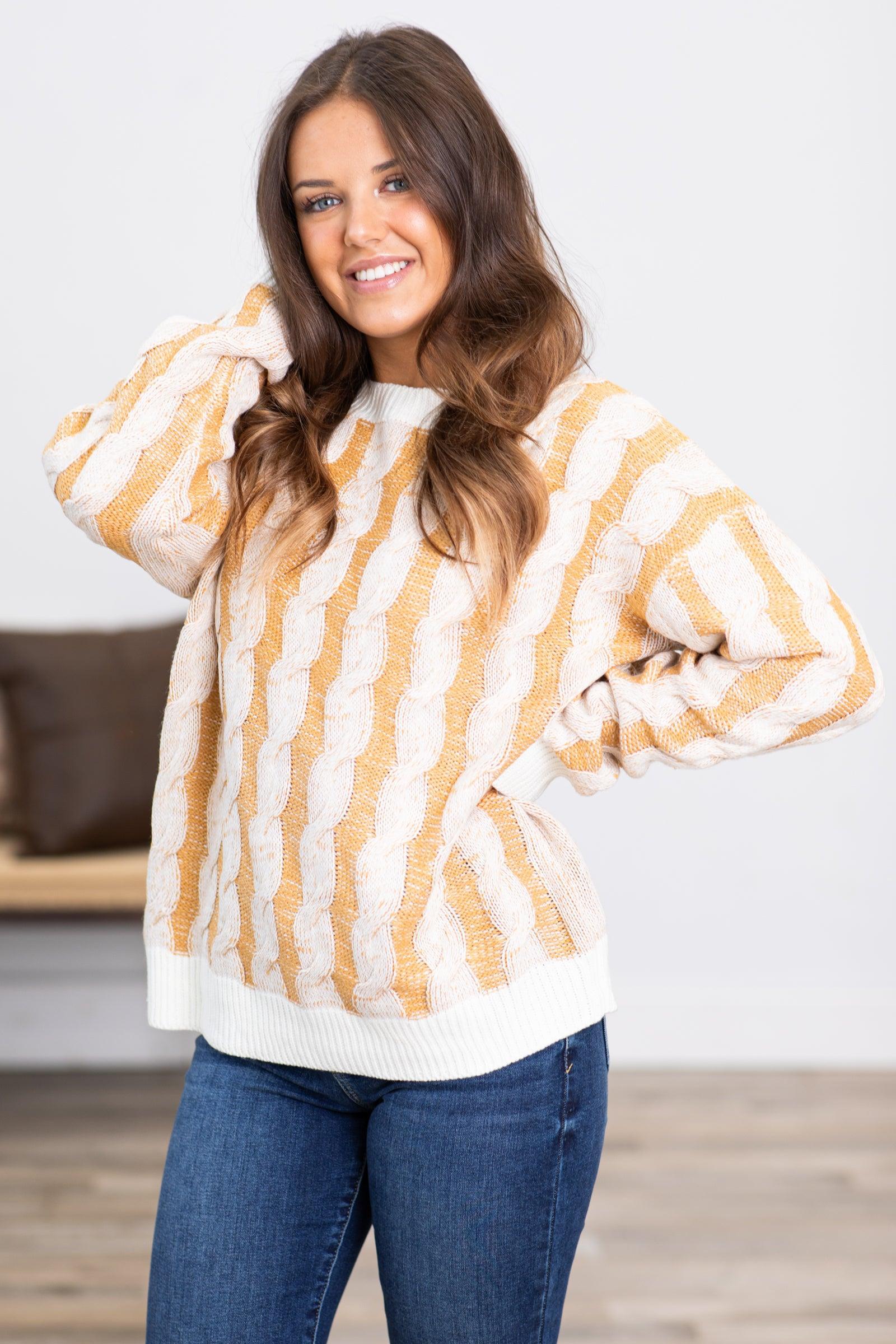 Mustard and Ivory Cable Knit Sweater product image