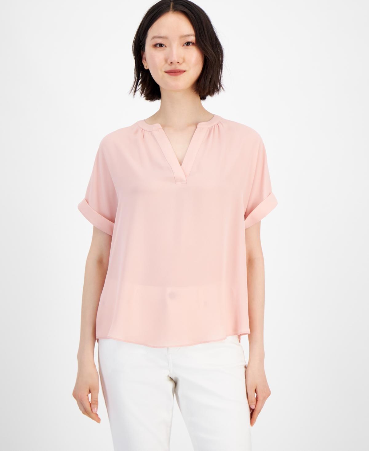 T Tahari Womens Split-Neck Rolled-Cuff Top Product Image