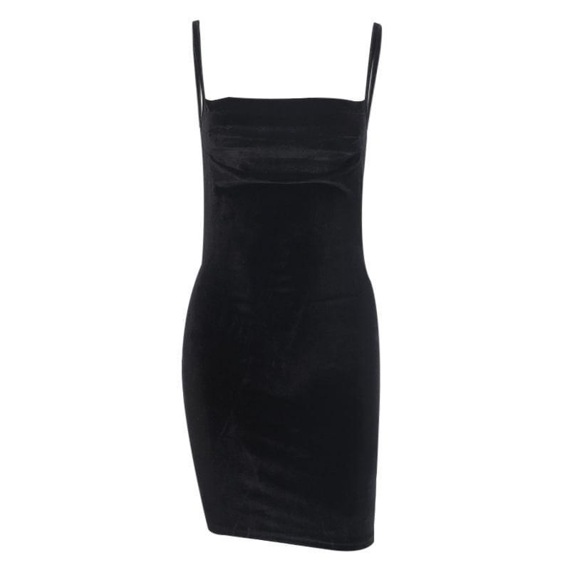 Spaghetti-Strap Square-Neck Velvet Mini Bodycon Dress Product Image