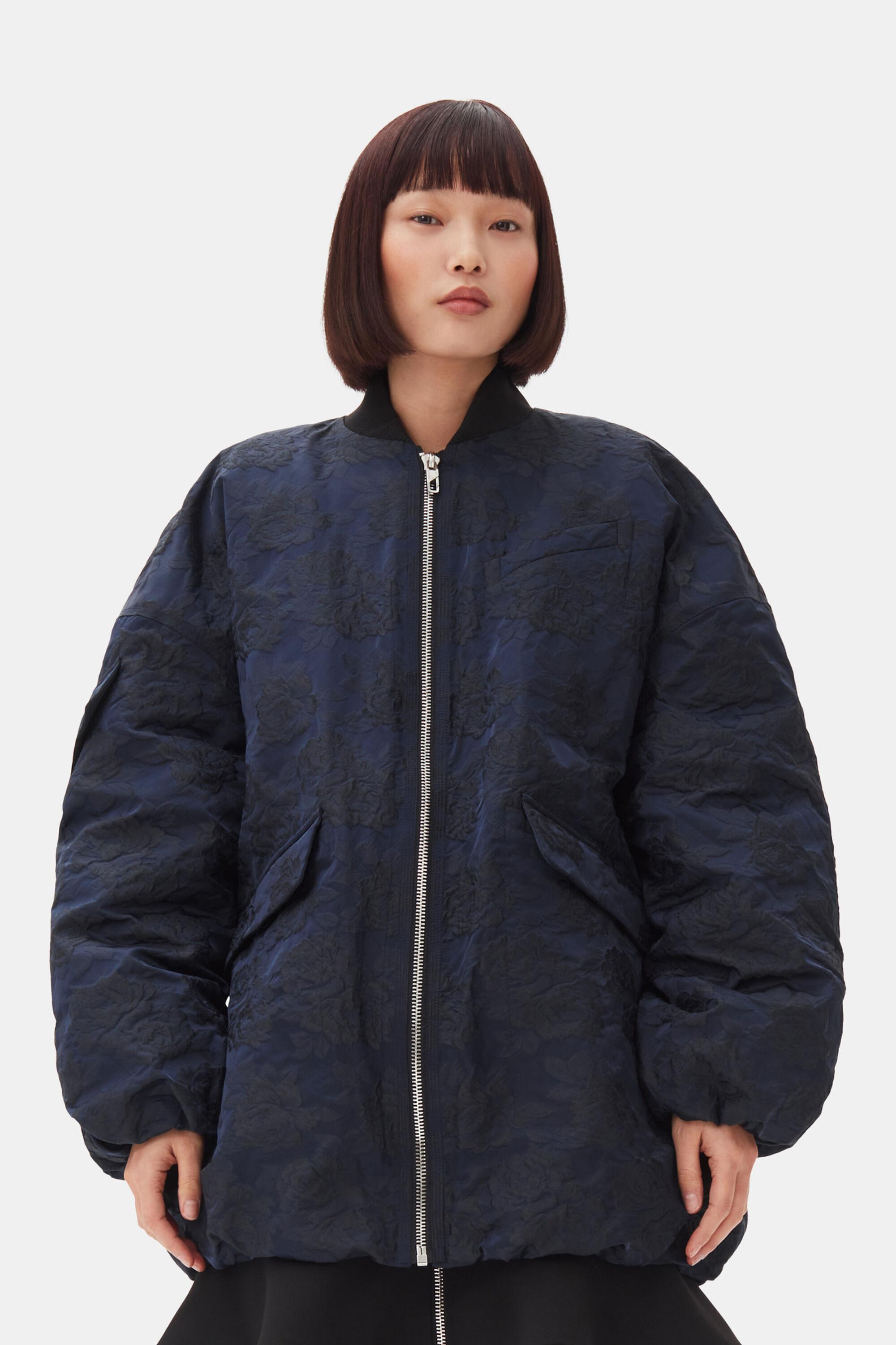 Navy Blue Botanical Jacquard Bomber Jacket Product Image