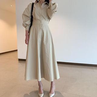 Puff-Sleeve Plain Button-Up Midi Shirtdress Product Image