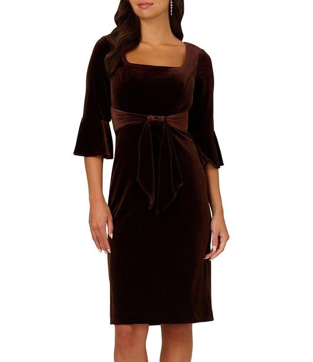 Adrianna Papell Velvet Square Neck 3/4 Bell Sleeve Tie Front Dress Product Image