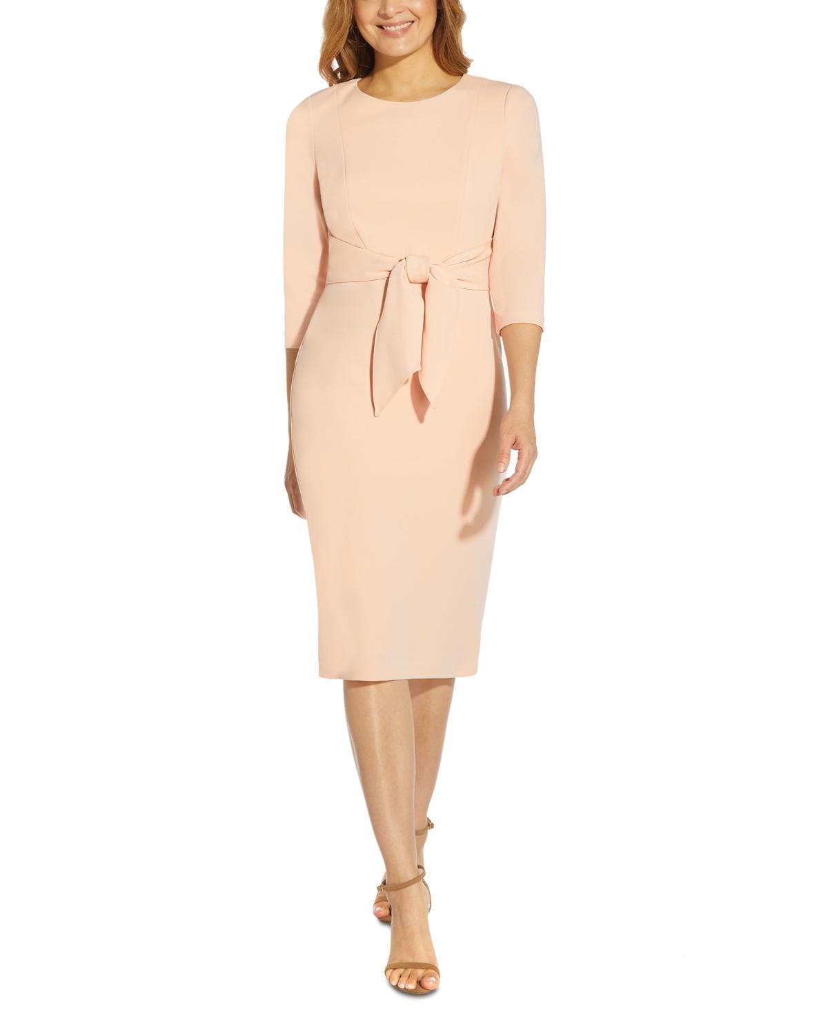 Adrianna Papell Stretch Crepe Crew Neck Tie Waist 34 Sleeve Midi Sheath Dress Product Image