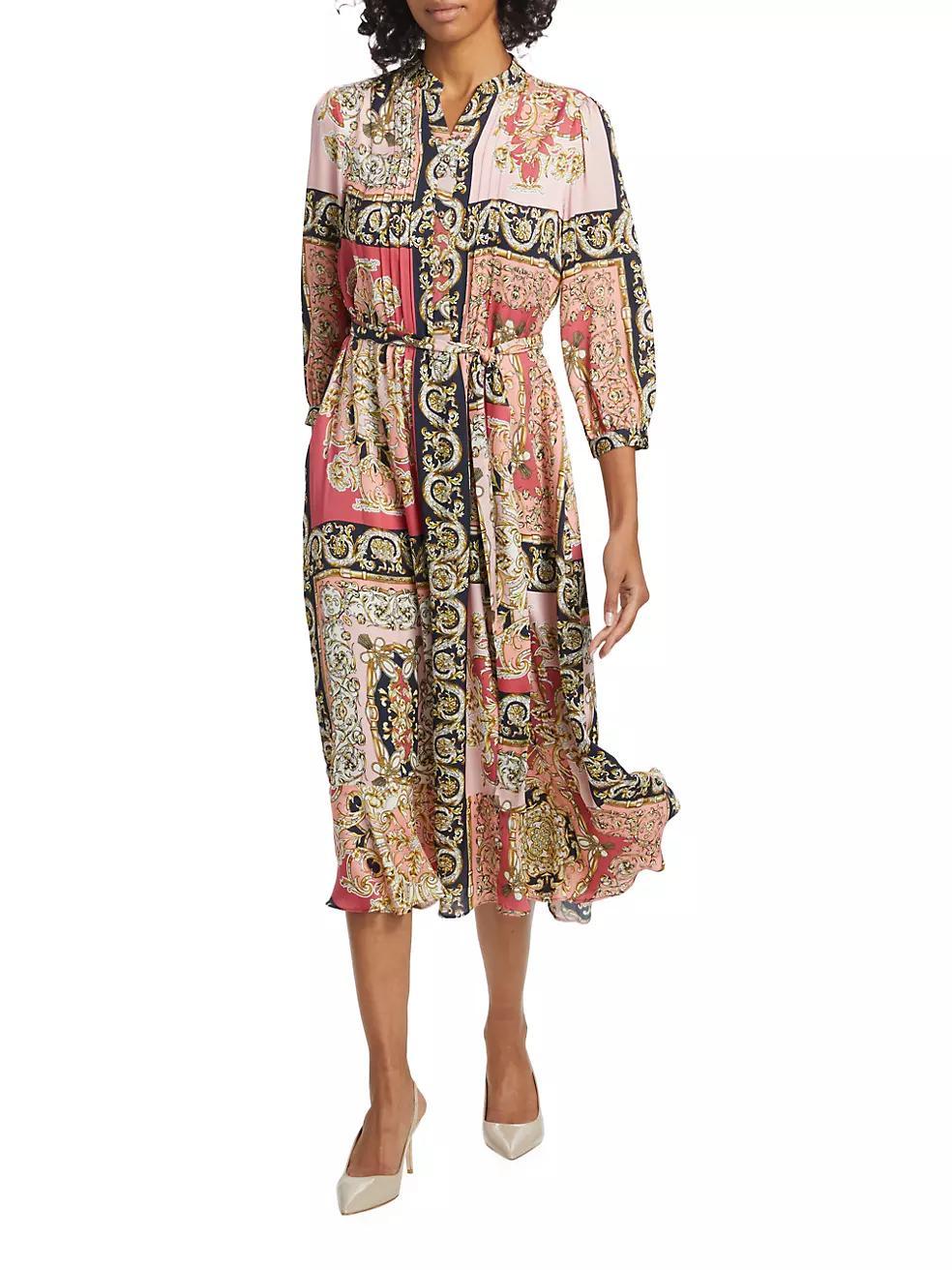 Mila Belted Print Stretch Silk Midi-Dress Product Image