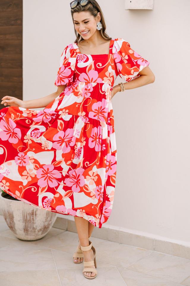 It's All For You Red Floral Midi Dress Female Product Image