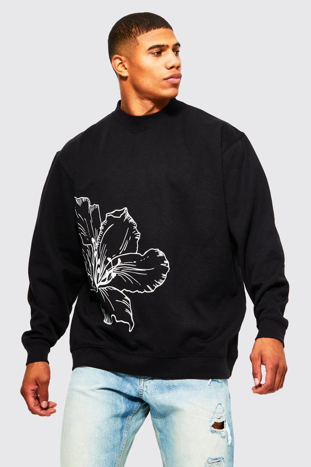 Mens Black Oversized Line Drawn Flower Print Sweatshirt, Black Product Image