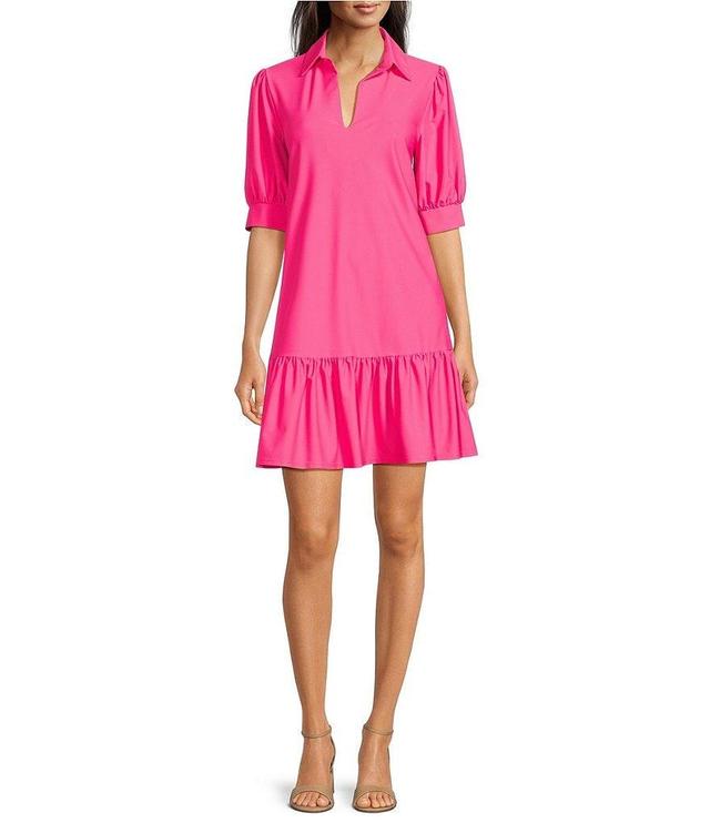 Jude Connally Tierney Knit Point Collar V-Neck Short Puff Sleeve Side Pocket Drop Waist Flounce Hem Dress Product Image