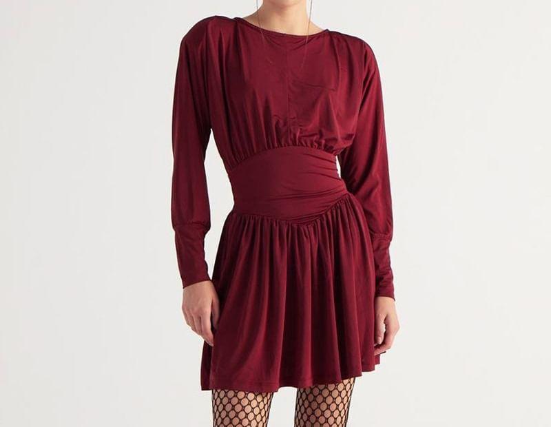 Long-Sleeve Crew Neck Plain Ruched Mini A-Line Dress Product Image