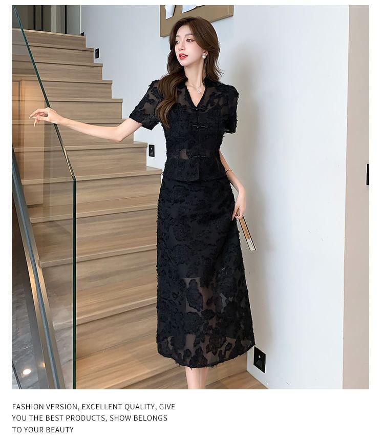 Set: Short-Sleeve V-Neck Frog Button Lace Blouse + High Rise Midi A-Line Skirt Product Image