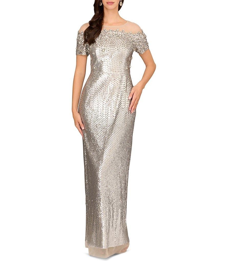 Aidan Mattox Beaded Illusion Jeweled Boat Neck Short Sleeve Gown Product Image