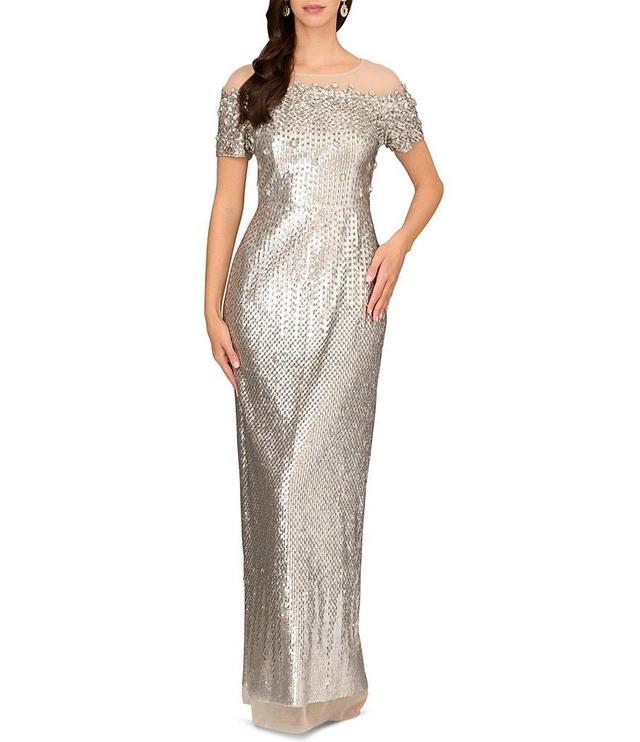 Aidan Mattox Beaded Illusion Jeweled Boat Neck Short Sleeve Gown Product Image