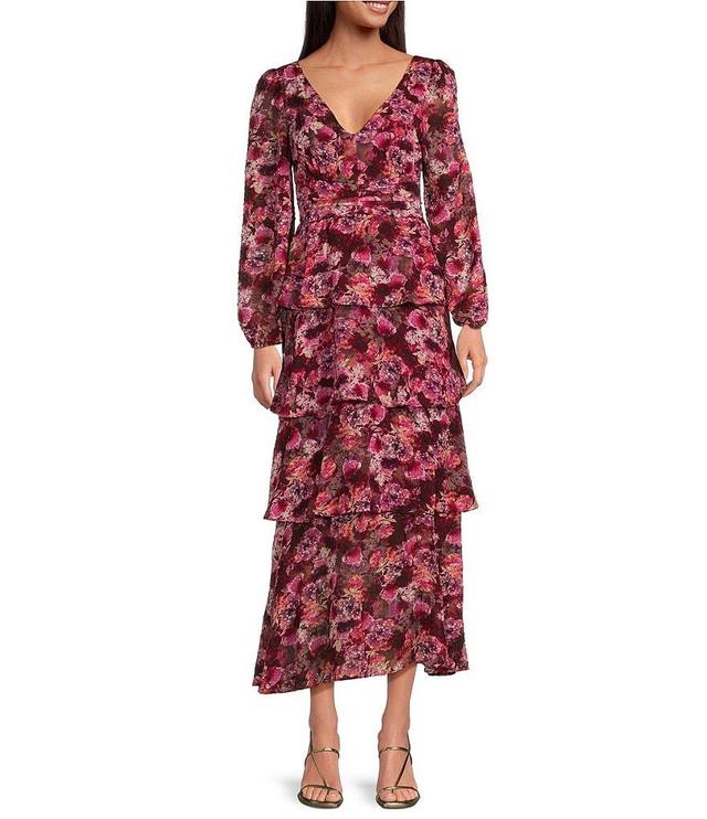 Lucy Paris Florentina Floral Print V-Neck Long Sleeve Ruffle Maxi Dress Product Image