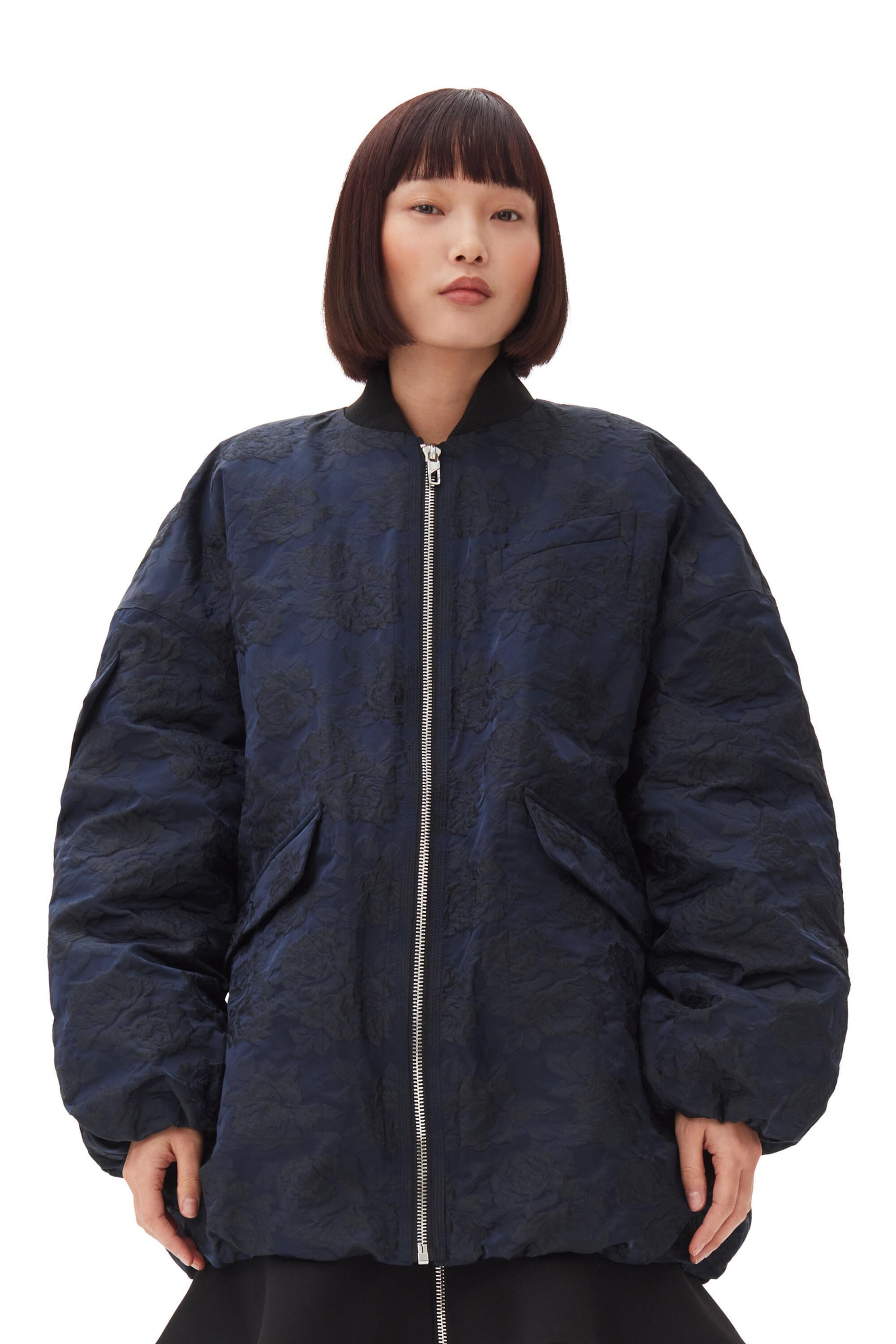 Navy Blue Botanical Jacquard Bomber Jacket Product Image