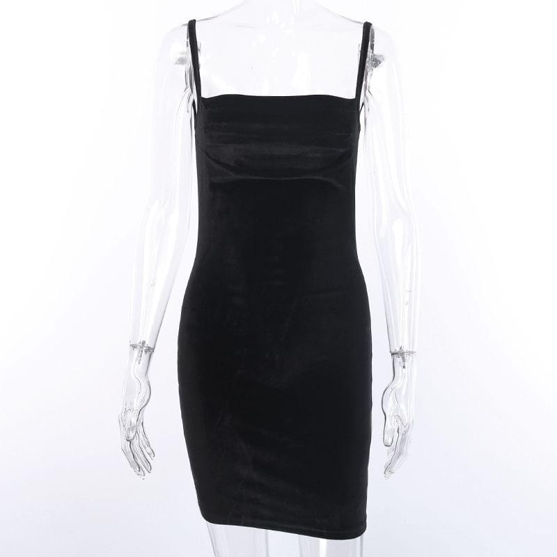 Spaghetti-Strap Square-Neck Velvet Mini Bodycon Dress Product Image