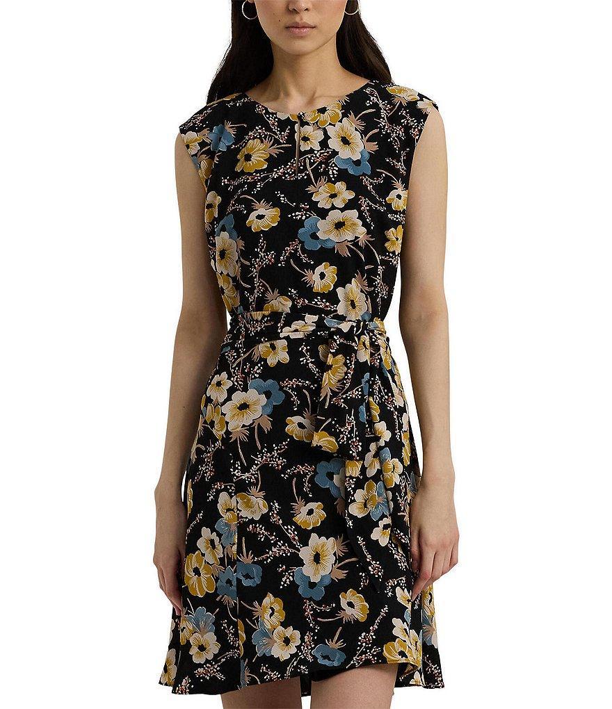 Lauren Ralph Lauren Floral Bubble Crepe Crew Neck Cap Sleeve Tie Waist Mini Dress Product Image