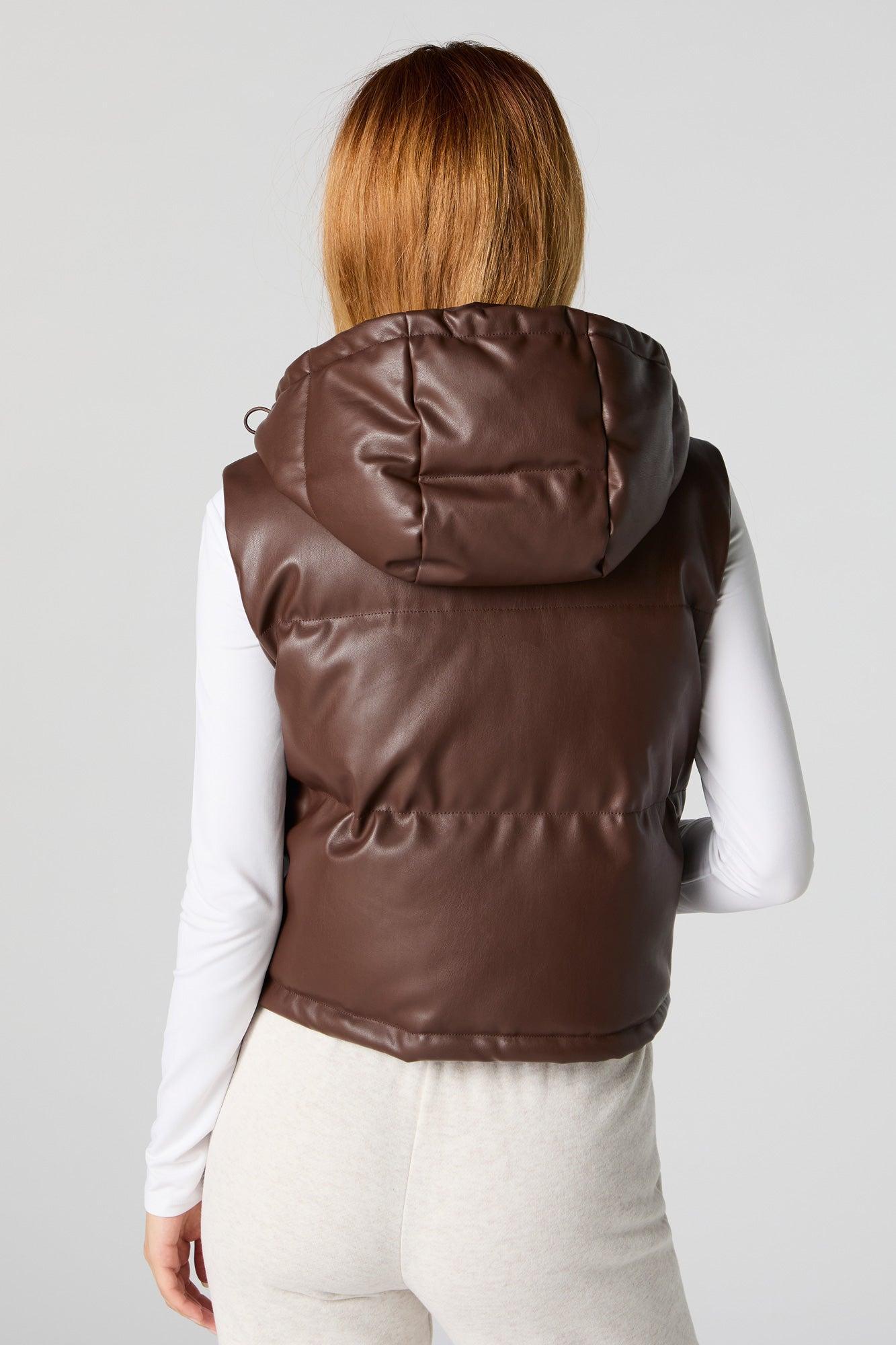 Faux Leather Hooded Puffer Vest Female Product Image